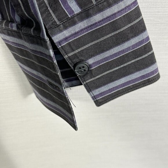 Z Zegna Mens 17 Purple Black Stripe Cotton Long Sleeve Button Up Button Cuffs - Picture 5 of 10